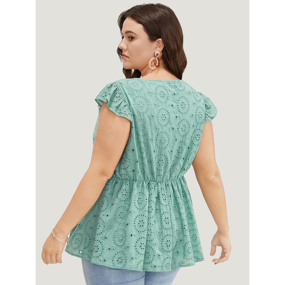 Plus Size Solid Broderie Anglaise Ruffles Cap Sleeve Tank Top Women Mint Elegant Broderie anglaise V-neck Dailywear Tank Tops Camis BloomChic 26/4X Product Image