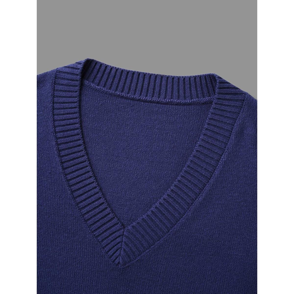 Plus Size Striped Jacquard Patched Pocket Pullover Indigo Women Casual Loose Long Sleeve V-neck Everyday Pullovers BloomChic 12/L Product Image