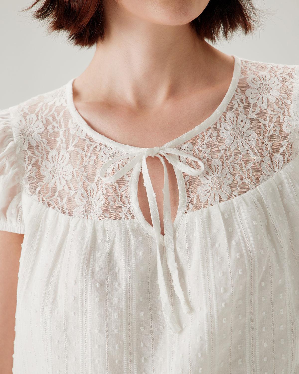 White Lace Puffed Sleeve Tee Product Image