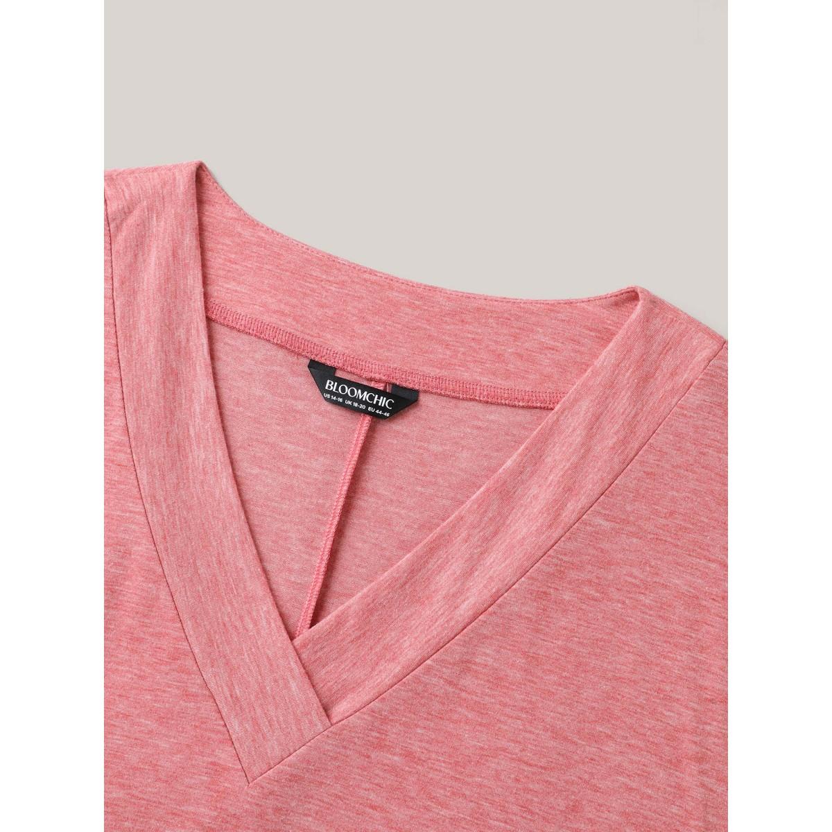 Plus Size Stretchy Heathered V-Neck Solid T-Shirt Beanpastepowder Women Casual Roll Hem V-neck Everyday T-shirts BloomChic 28/5X Product Image