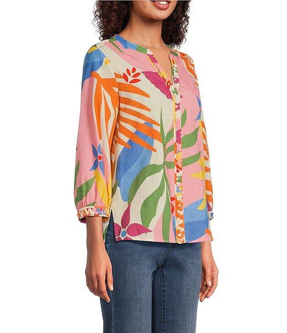 Tru Luxe Jeans Floral Textured Cotton Split V-Neck 3/4 Sleeve Blouse Product Image