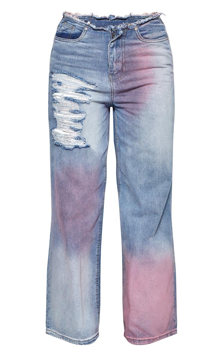 Pink Tint Vintage Wash Distressed Seam Detail Wide Leg Jeans Product Image