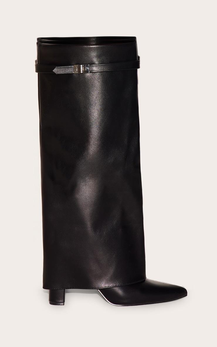 Black Matte PU Point Toe Fold Over Knee High Block Heeled Boots Product Image