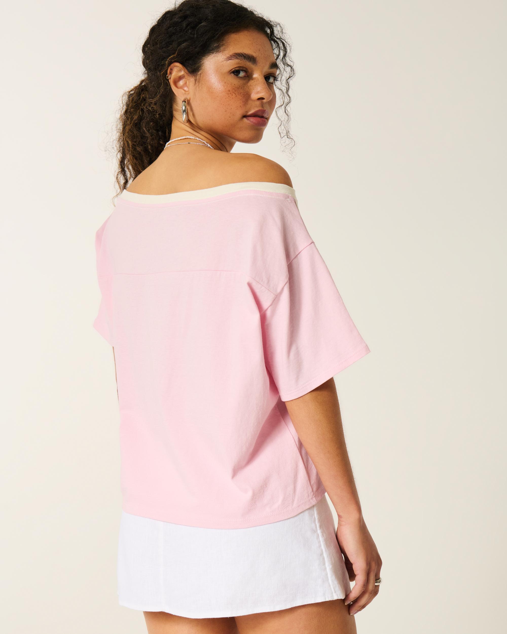 Oversized Off-the-Shoulder Varsity Floral Graphic Tee Product Image