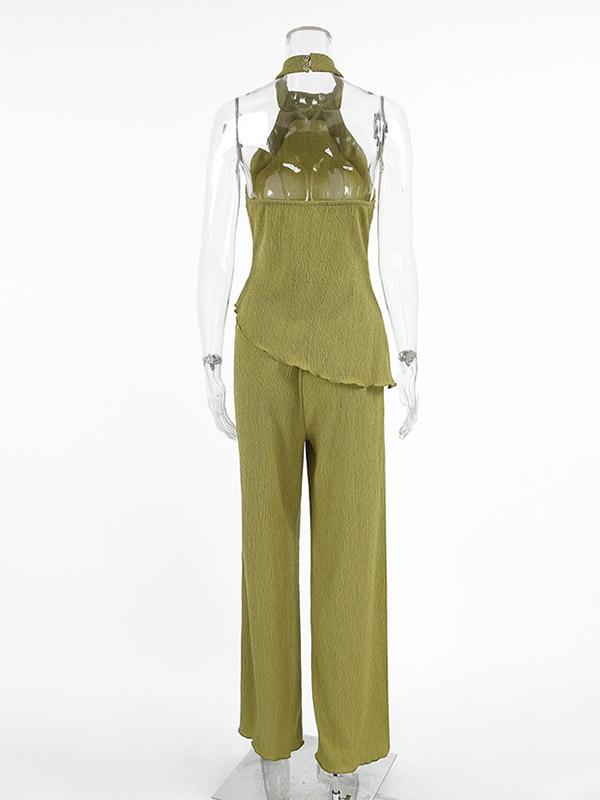 Solid Color Pleated Sleeveless Asymmetric High Neck Vest + Wide Leg Pants Two Pieces Set Product Image