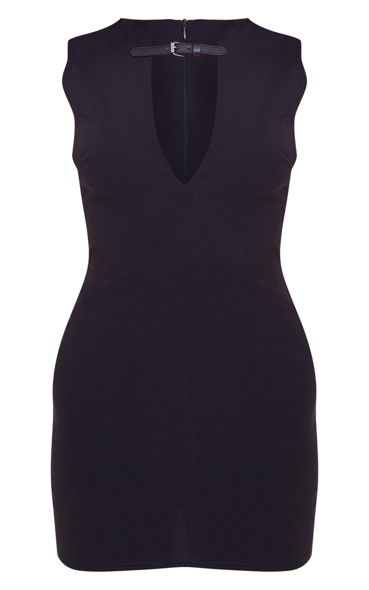 Black Woven Keyhole Belted Bodycon Dress Product Image