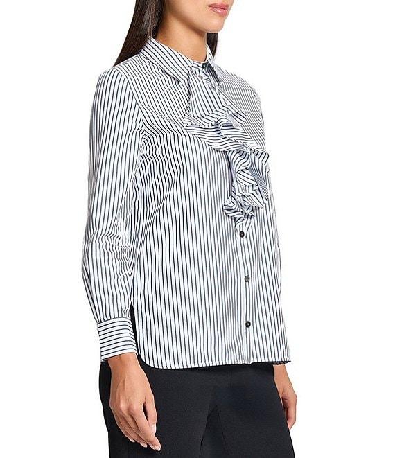 Ming Wang x Tanya Foster Cotton Pinstripe Point Collar Water Fall Long Sleeve Blouse Product Image