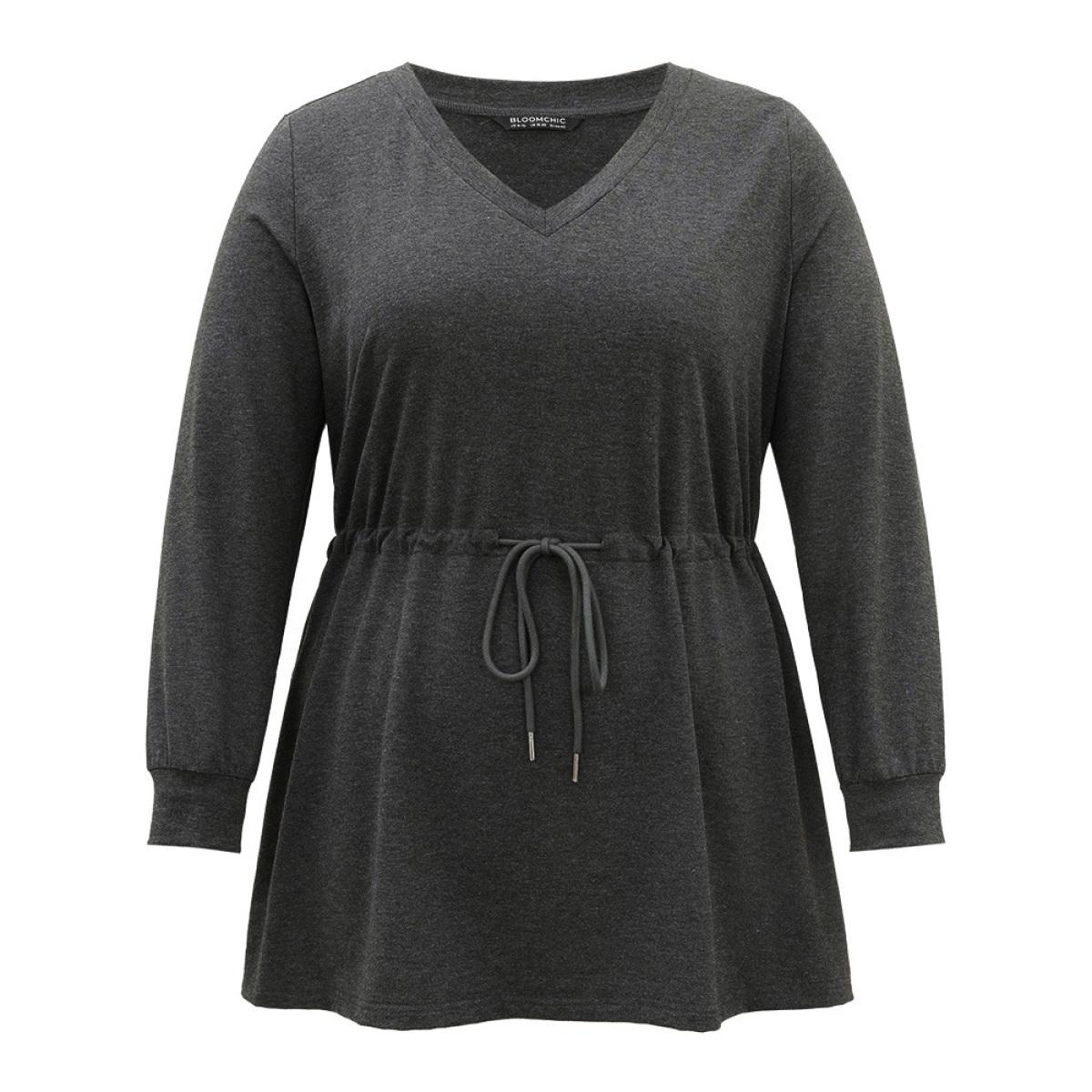 Plus Size V Neck Plain Drawstring Knot Sweatshirt Women Gray Casual Plain V-neck Dailywear Sweatshirts BloomChic 22-24/3X Product Image