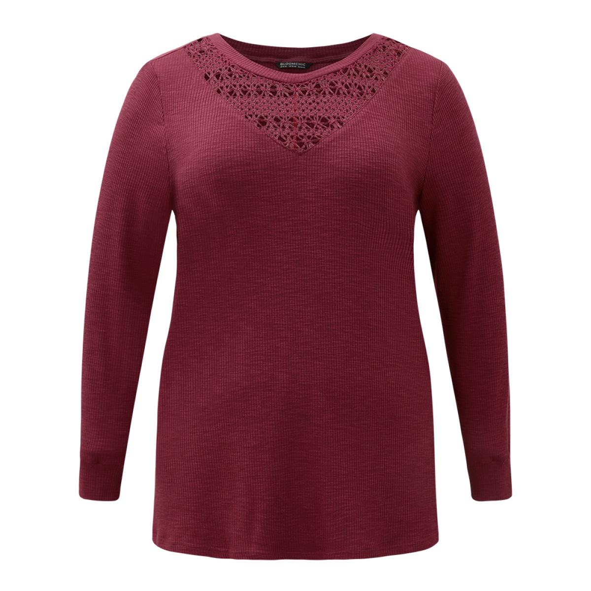 Plus Size Solid Lace Insert Crew Neck Cut Out T-shirt Burgundy Women Elegant Patchwork Plain Round Neck Dailywear T-shirts BloomChic 28/5X Product Image