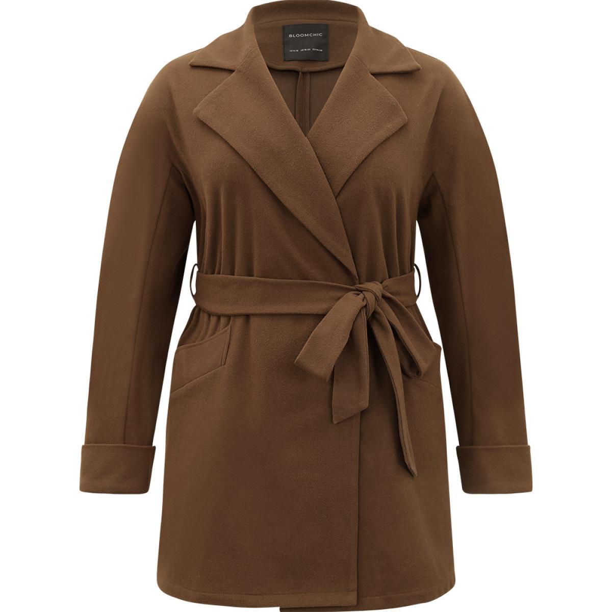 Plus Size Plain Lapel Collar Pocket Belted Coat Women DarkBrown Casual Plain Ladies Dailywear Winter Coats BloomChic 14-16/1X Product Image
