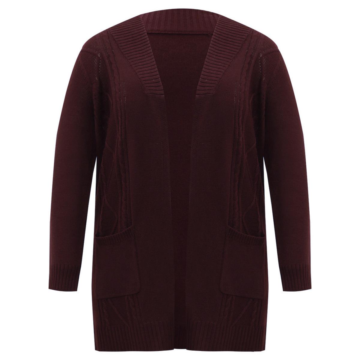 Plus Size Plain Cable Knit Button Up Pocket Cardigan Burgundy Women Casual Loose Long Sleeve Dailywear Cardigans BloomChic 18-20/2X Product Image