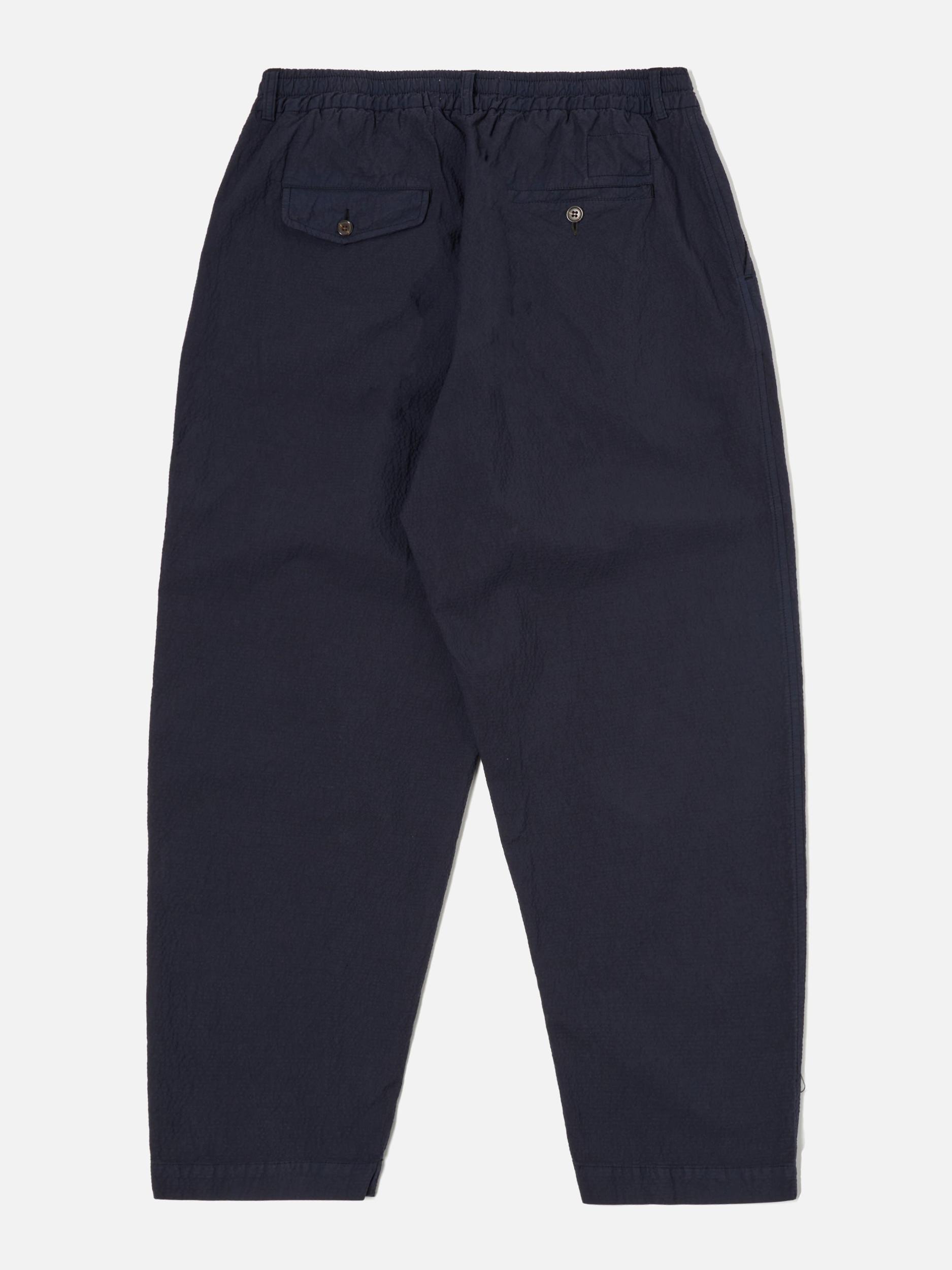 Universal Works Pleated Track Pant in Navy Seersucker II Product Image