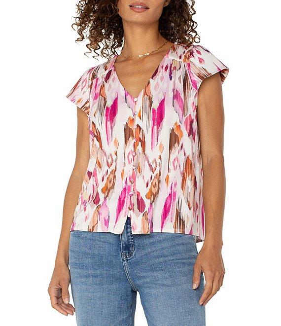 Liverpool Los Angeles Knit V-Neck Short Flutter Sleeve Top Product Image