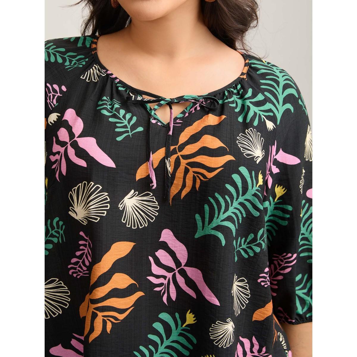 Plus Size Black Multi-Color Leaf Print Tassels Blouse Women Elbow-length sleeve Notched collar Vacation Blouses BloomChic 30/6X Product Image