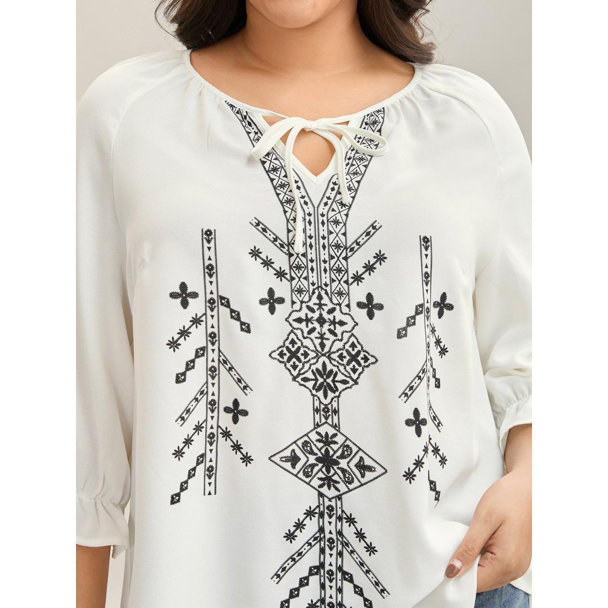 Plus Size Originalwhite Boho Print Neck Tassels Shirt Women Boho Elbow-length sleeve Notched collar Vacation Blouses BloomChic 10/M Product Image