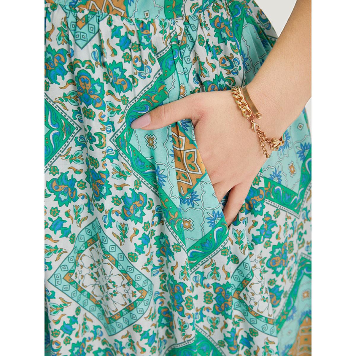 Plus Size Bandana Print Overlap Collar Pocket Tank Dress Mint Women Vacation Gathered V-neck Sleeveless Curvy Midi Dress BloomChic 14-16/1X Product Image