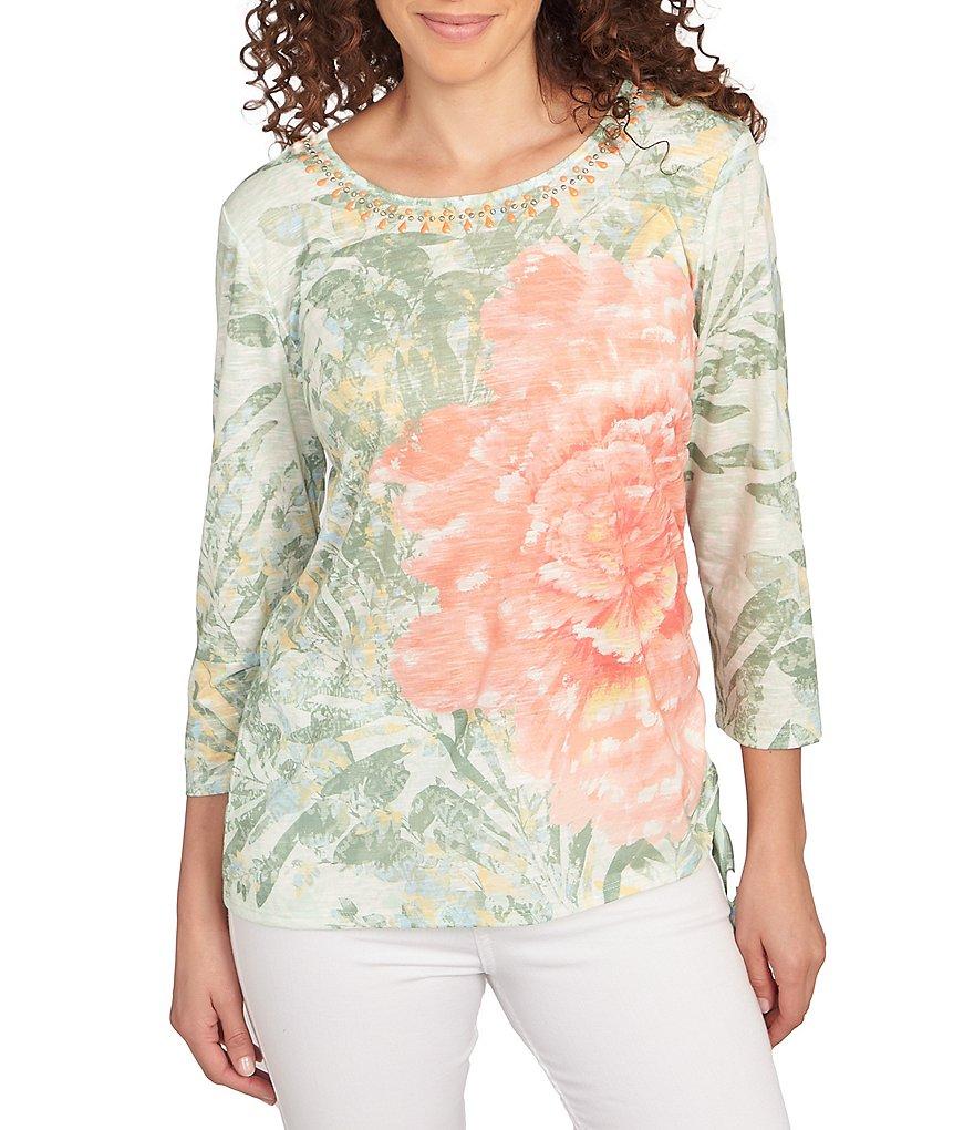 Ruby Rd. Knit Jersey Floral Beaded Embellished Crew Neck 3/4 Sleeve Ruched Side Detail Top Product Image