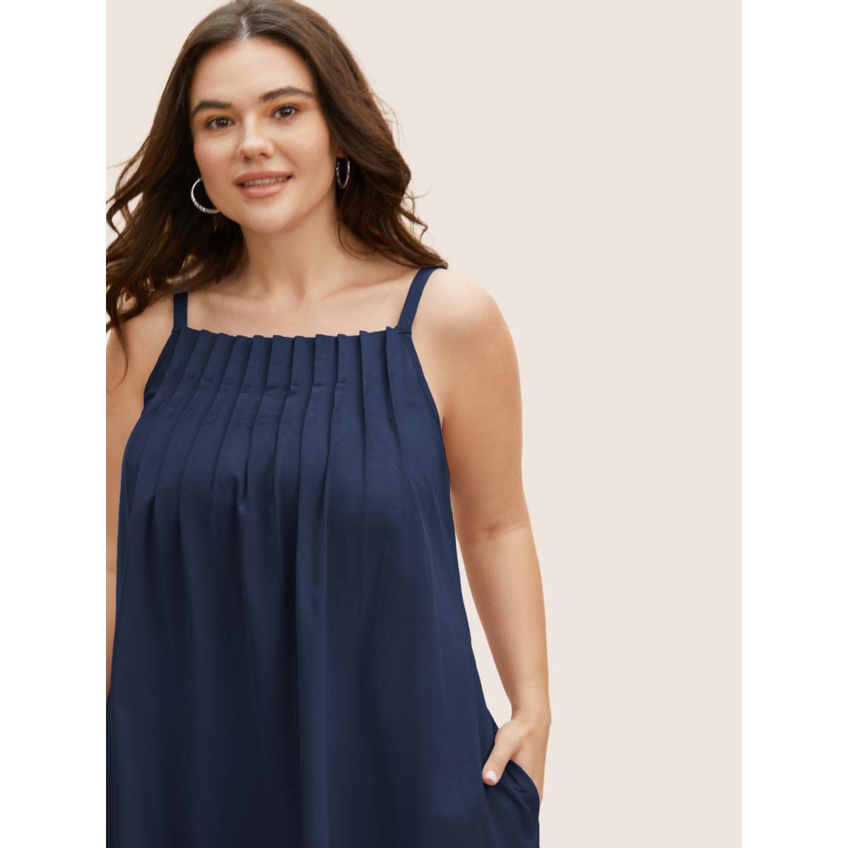 Plus Size Cotton Plain Pleated Loose Fit Cami Dress Navy Women Casual Ruffles Non Sleeveless Curvy BloomChic 26/4X Product Image
