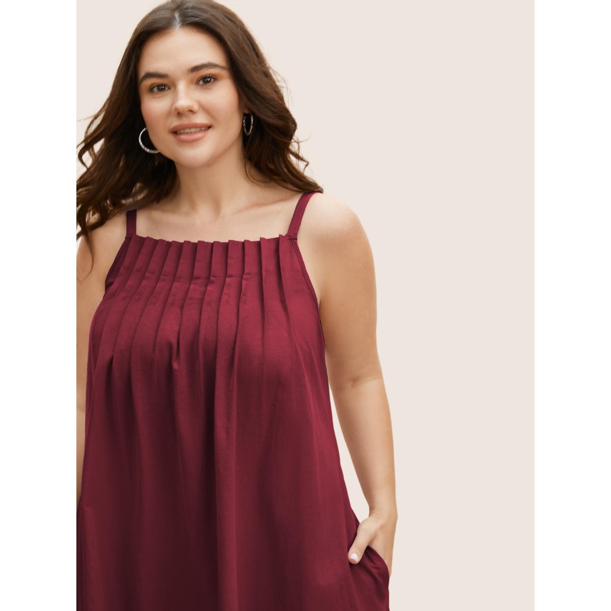 Plus Size Cotton Plain Pleated Loose Fit Cami Dress RedViolet Women Casual Ruffles Non Sleeveless Curvy BloomChic 14-16/1X Product Image