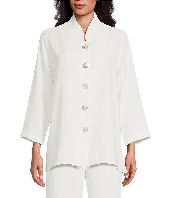 Caroline Rose Matte Crepe Mandarin Collar 3/4 Sleeve Black Rhinestone Button Jacket Product Image