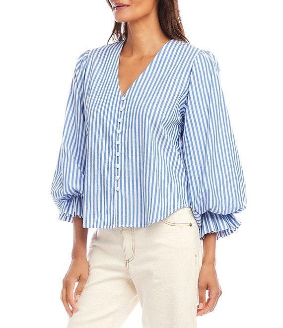 Karen Kane Cotton Stripe V-Neck 3/4 Puff Sleeve Button Front Blouse Product Image