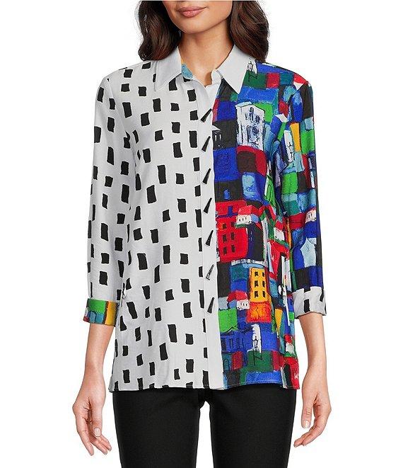 Ali Miles Petite Size Woven City Windowpane Print Point Collar 3/4 Sleeve Button Front Tunic Product Image