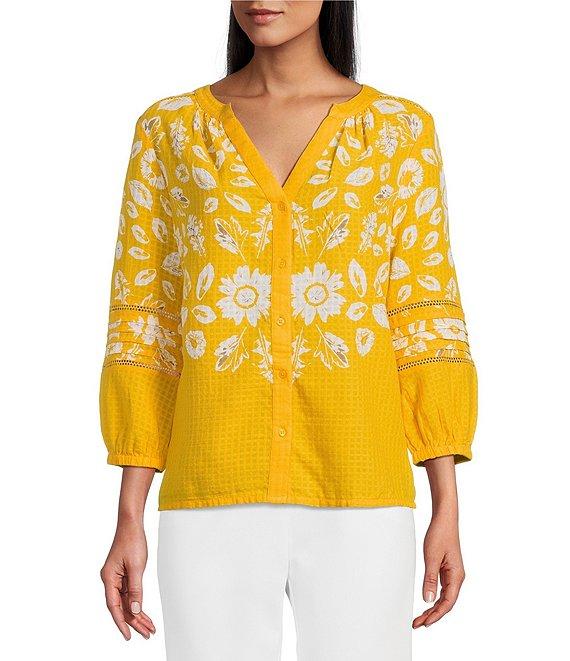 Investments Woven Medallion Floral 3/4 Sleeve Y-Neck Button Front Top Product Image