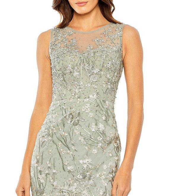 Mac Duggal Sleeveless Embroidered Illusion Ruffle Hem Midi Dress Product Image