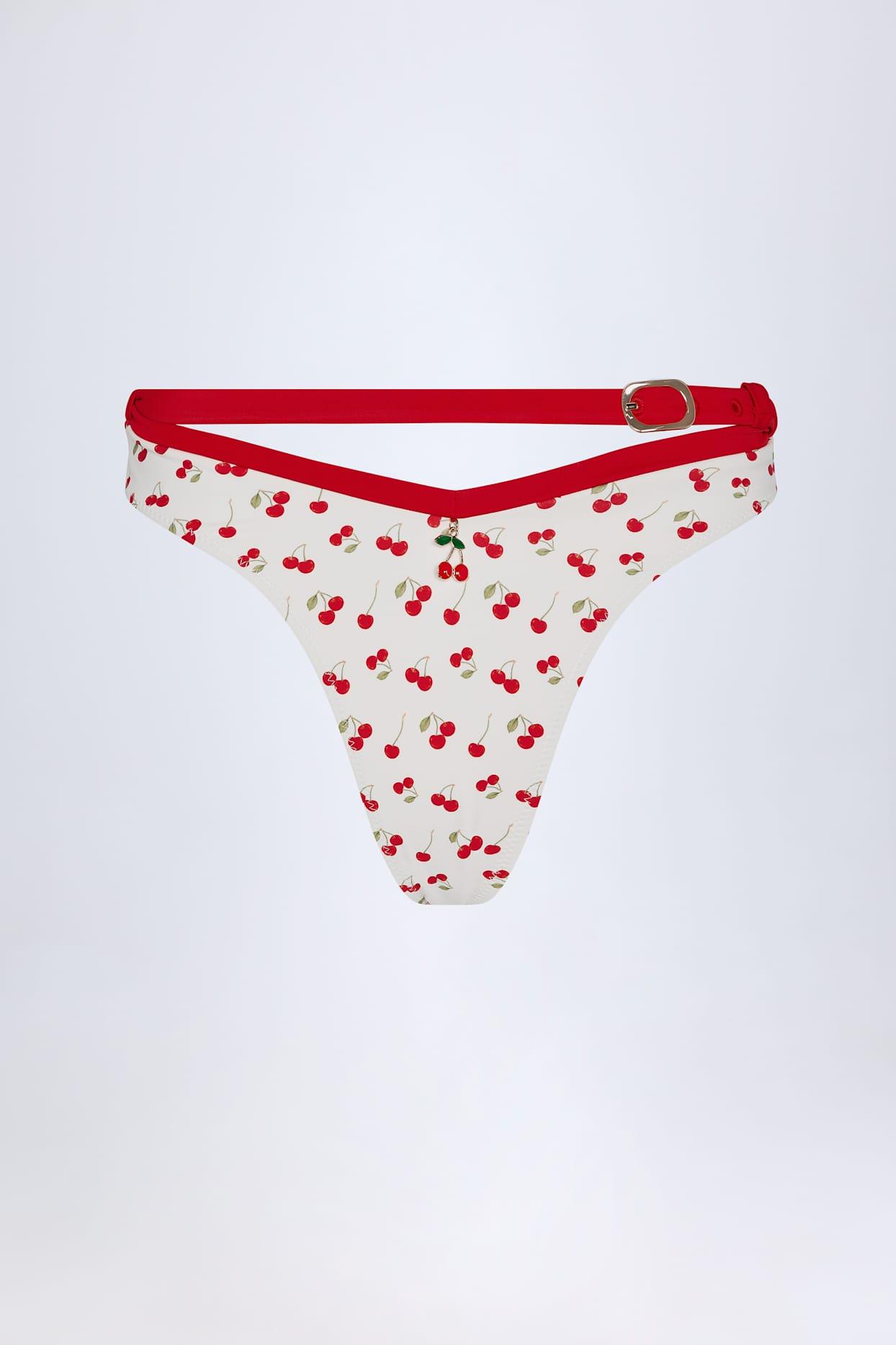 Contrast Belted Thong Bikini Bottoms in Cherry Print Product Image