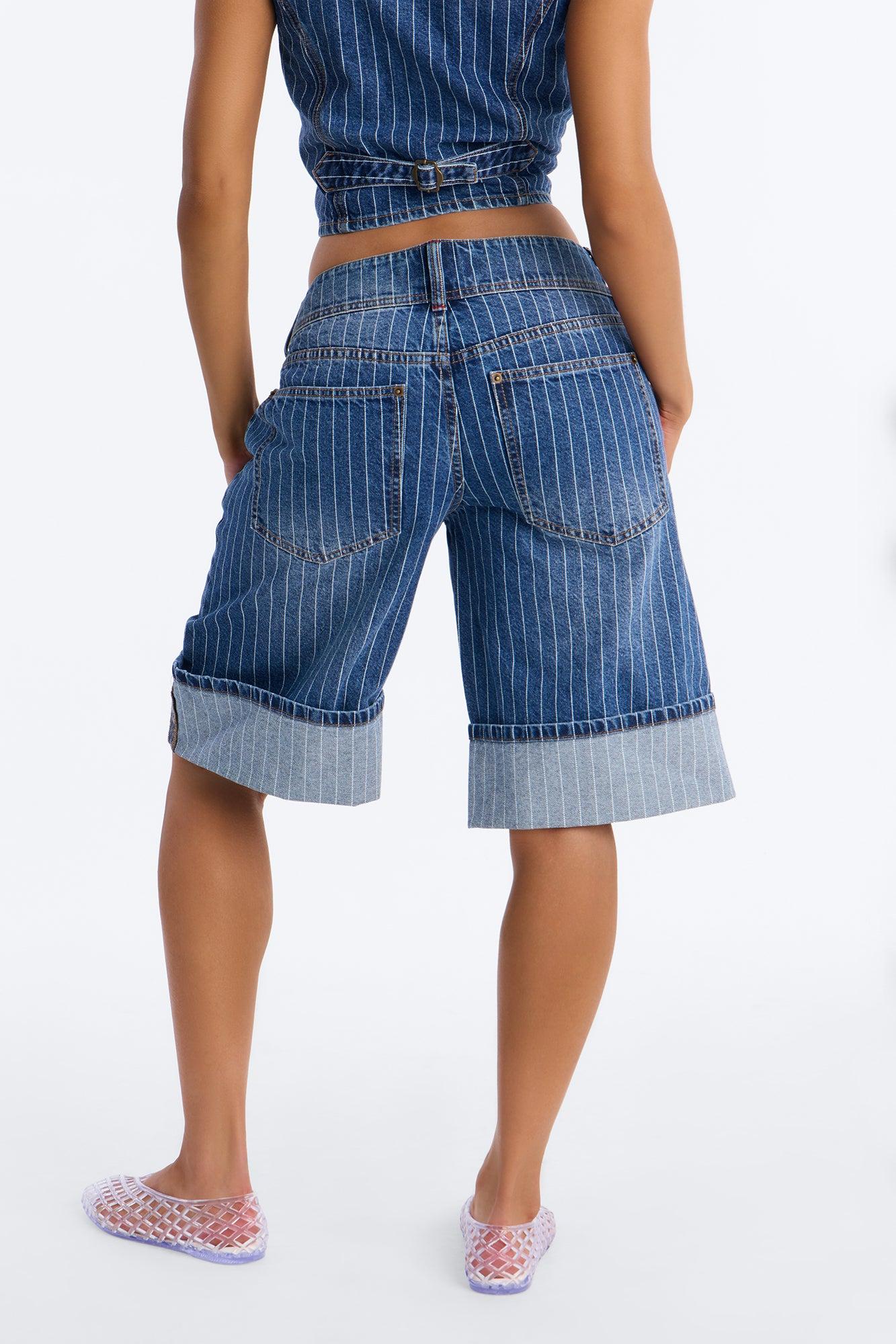 Legendary Striped Cuffed Denim Jorts - Dark Wash Female Product Image