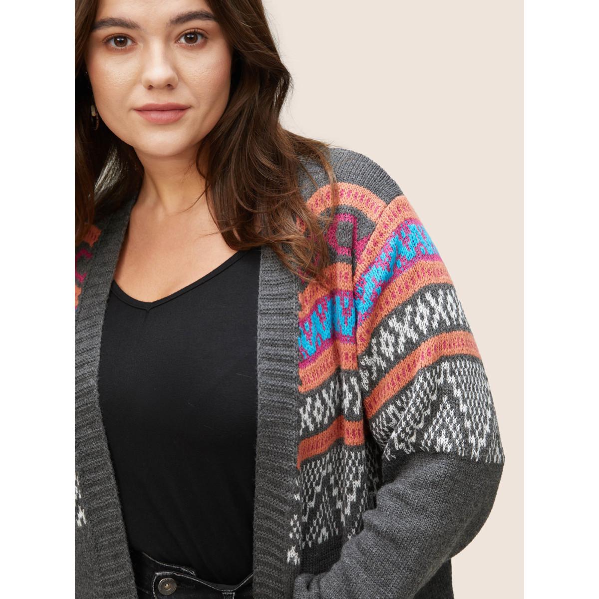 Plus Size Boho Contrast Jacquard Patched Pocket Cardigan Multicolor Women Casual Loose Long Sleeve Dailywear Cardigans BloomChic 12/L Product Image