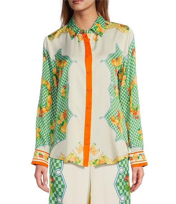 Antonio Melani Polina Fruit Printed Coordinating Satin Collar Neck Long Sleeve Blouse Product Image
