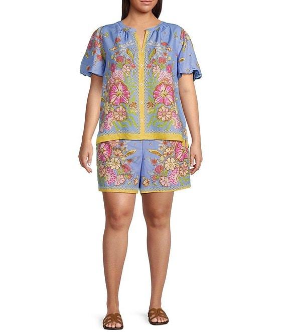 Skies Are Blue Plus Size Floral Border Coordinating Elastic Back Shorts Product Image