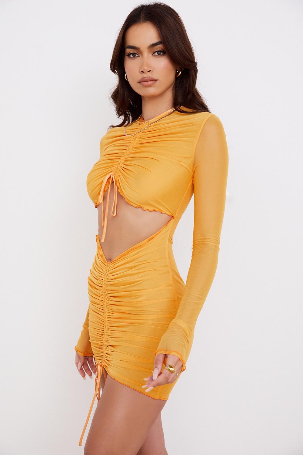 Jeanelle  orange ruched mesh long sleeve cutout mini dress Product Image
