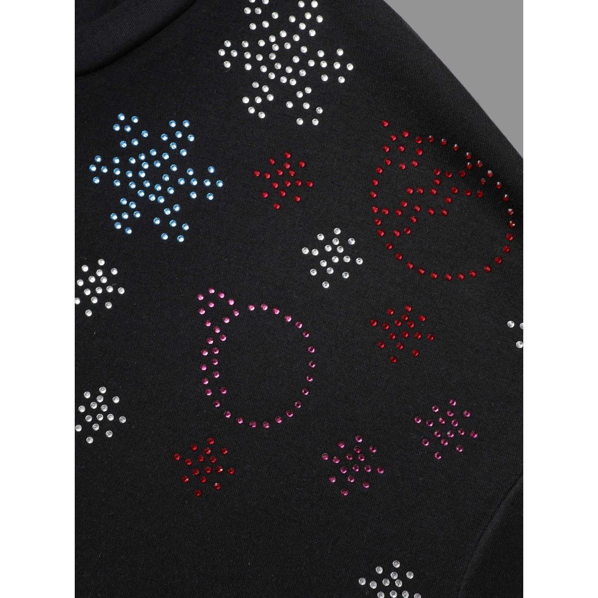 Plus Size Rhinestone Embellished Shoulder Round Neck Tee Black Women Casual Rhinestone detailing Round Neck Everyday T-shirts BloomChic 14-16/1X Product Image