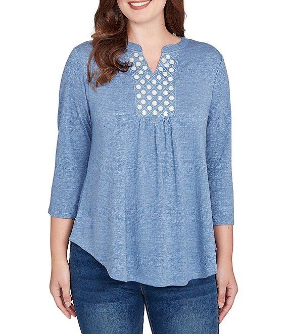 Ruby Rd. Textured Knit Split V-Neck 3/4 Sleeve Top Product Image