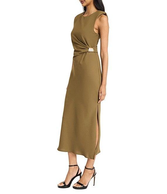 Donna Morgan Crew Neck Sleeveless Ruched Waist Sheath Midi Dress Product Image