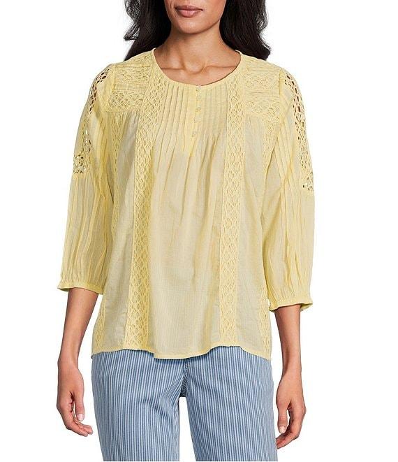 Intro Cotton Voile Crew Neck 3/4 Sleeve Lace Trim Peasant Blouse Product Image