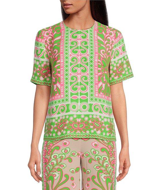 Trina Turk Riggs Woven Placed Print Crew Neck Short Sleeve Top Product Image