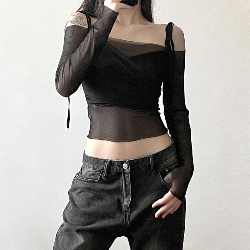 Long Sleeve Tie-Strap Off-Shoulder Plain Mesh  Crop Top Product Image