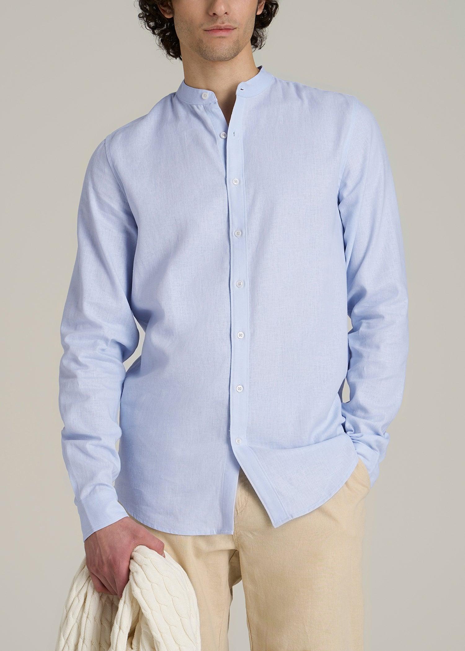Band Collar Linen Button Shirt for Tall Men in Airy Blue Male Product Image