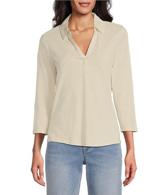 Tommy Bahama Ashby Isles Solid Stretch Jersey Johnny Collar V-Neck 3/4 Sleeve Fitted Top Product Image