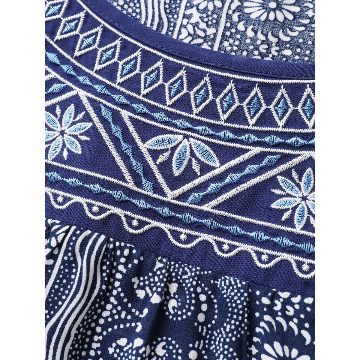 Plus Size Boho Embroidery Flutter Sleeve Tank Top Women Indigo Leisure Embroidered Round Neck Casual Tank Tops Camis BloomChic 14-16/1X Product Image