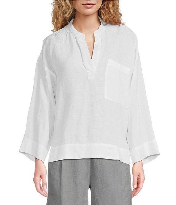 Eileen Fisher Organic Linen Mandarin Collar Long Sleeve Pop-Over Top Product Image