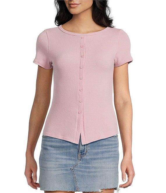 Moa Moa Crewneck Neck Short Sleeve Button-Front Top Product Image