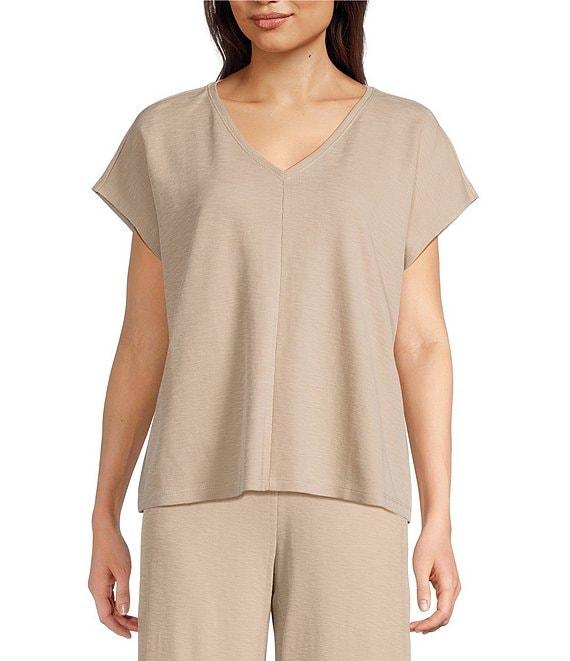 Eileen Fisher Organic Cotton Slub Rib Knit V-Neck Cap Sleeve Square Top Product Image