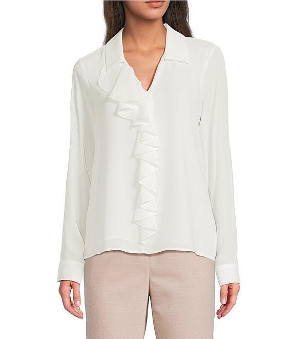 Calvin Klein Georgette Collared V-Neck Long Sleeve Ruffle Front Blouse Product Image