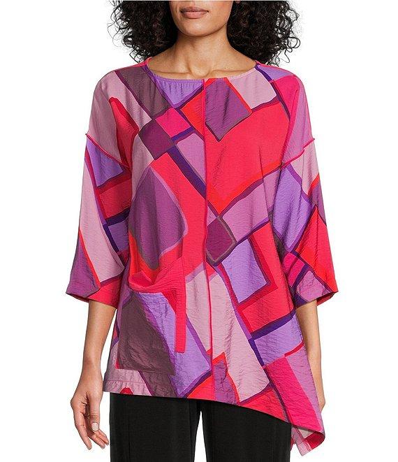 IC Collection Woven Abstract Print Boat Neck 3/4 Sleeve Asymmetrical Hem Tunic Product Image