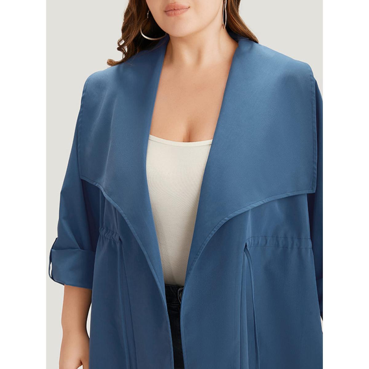 Plus Size Plain Drawstring Pocket Lapel Collar Tab Sleeve Coat Women DarkBlue Office Plain Plain 26/4X Pocket Work From Home Trench Coats BloomChic Product Image