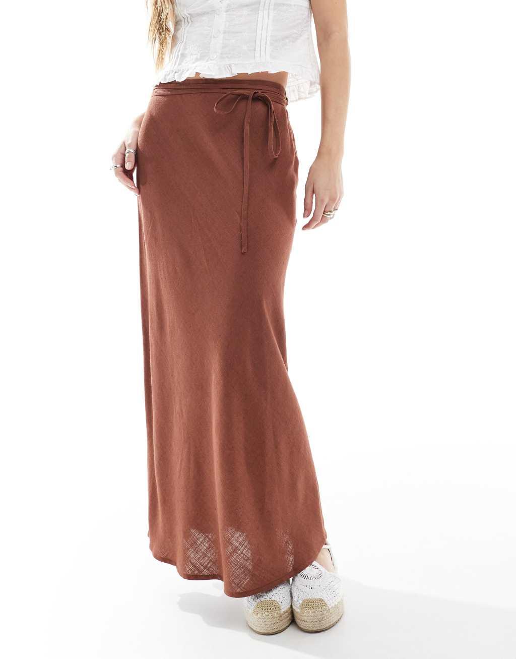 ASOS DESIGN linen blend bias midi skirt in brown Product Image